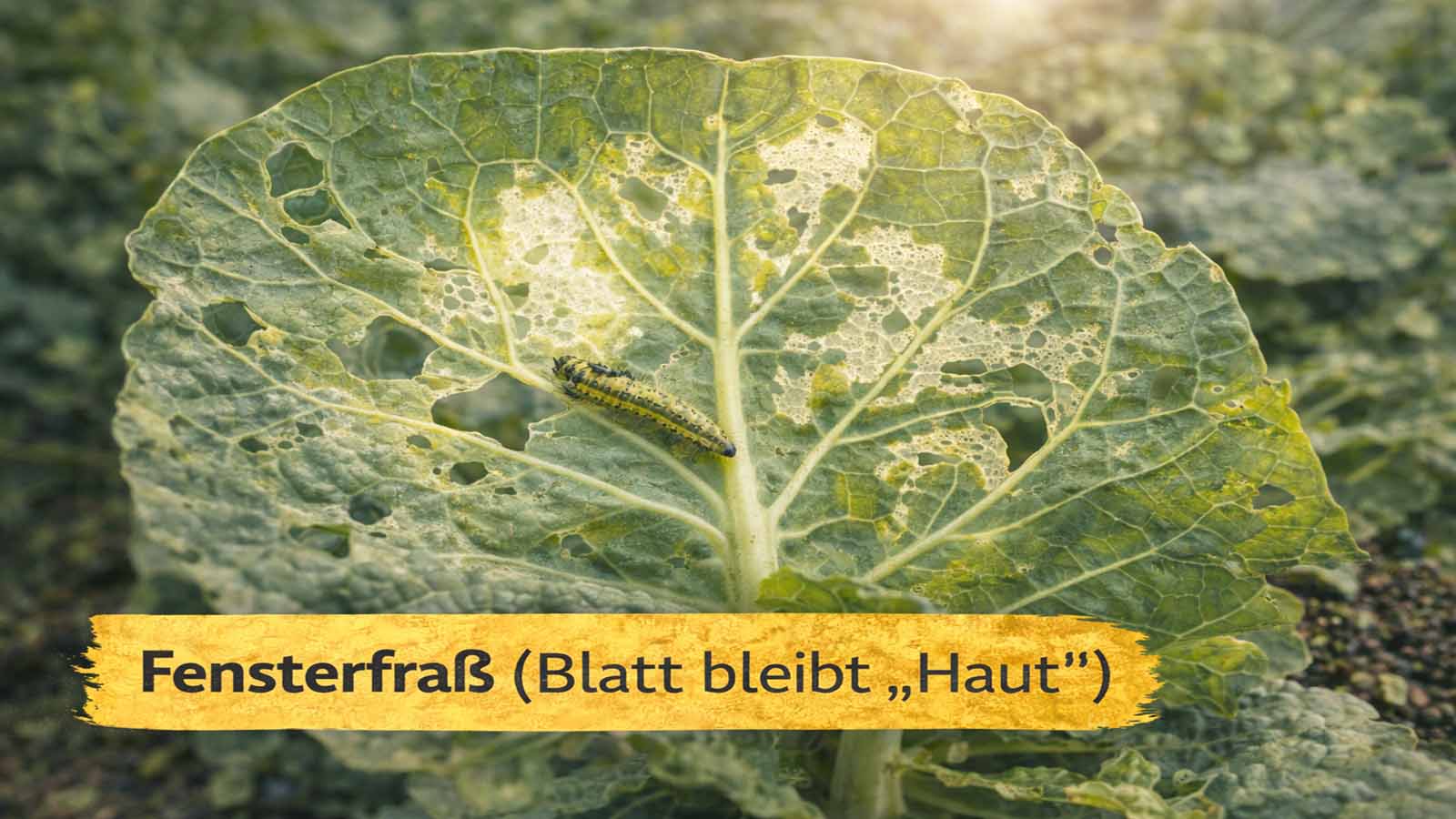 Nahaufnahme eines Kohlblatts mit Fensterfraß: durchscheinende, ausgedünnte Blattbereiche bleiben stehen, Adern sind sichtbar; Raupe sitzt nahe der Fraßstelle.