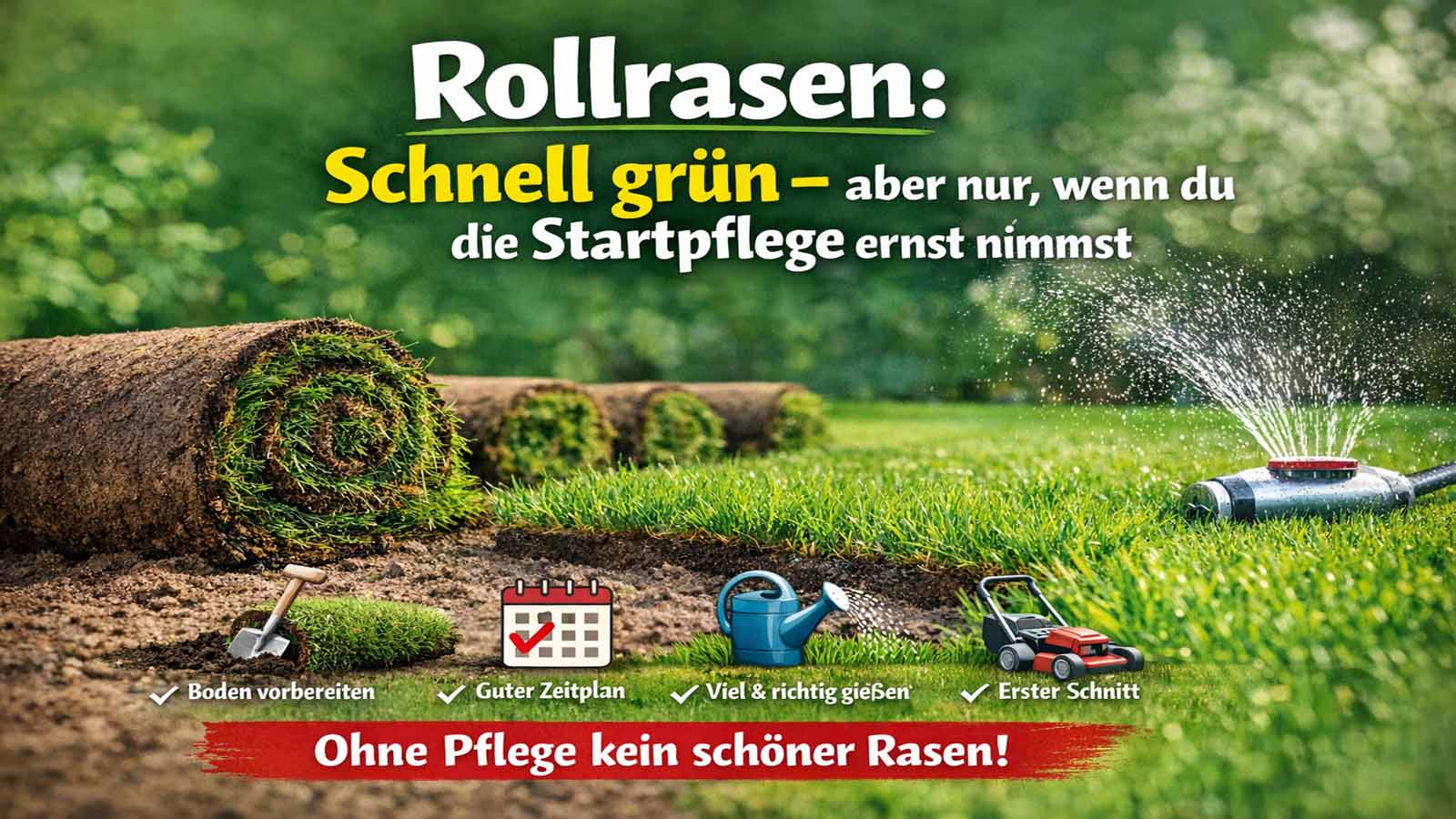 Beitragsbild zum Thema Rollrasen: Eine Rolle frischer Rollrasen liegt auf vorbereiteter Erde, daneben sprengt ein Rasensprenger; darüber steht der Text „Rollrasen: Schnell grün – aber nur, wenn du die Startpflege ernst nimmst“ sowie Symbole für Boden vorbereiten, Zeitplan, richtig gießen und ersten Schnitt.