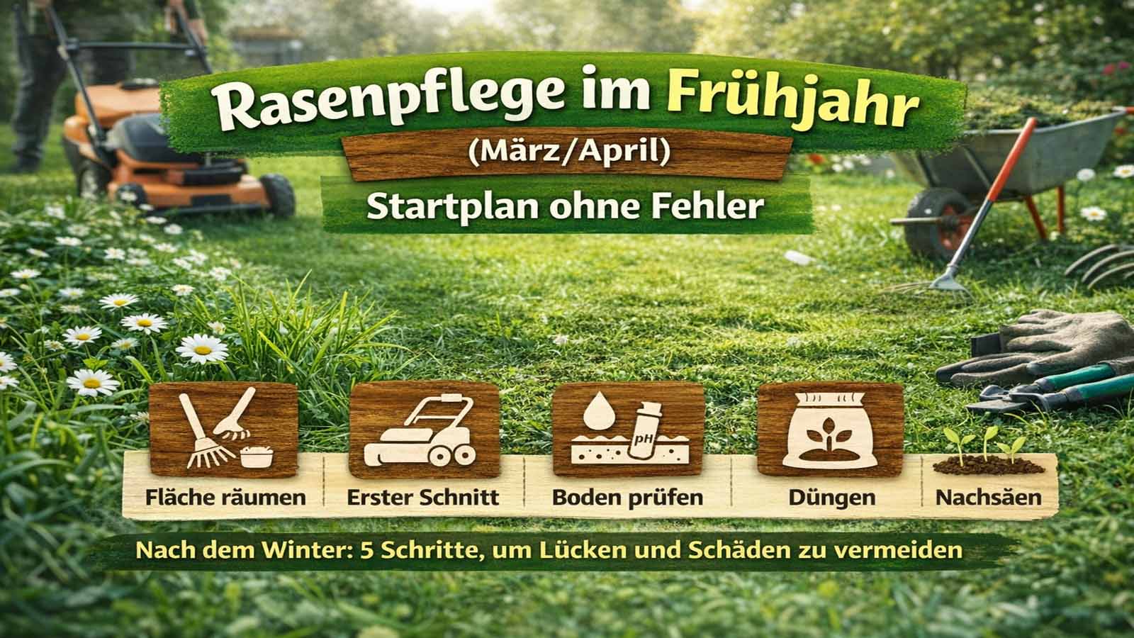 Beitragsbild zur Rasenpflege im Frühjahr: Gartenrasen mit Mäher und Werkzeugen, Überschrift „Rasenpflege im Frühjahr (März/April) – Startplan ohne Fehler“ und fünf Schritt-Icons (Fläche räumen, erster Schnitt, Boden prüfen, düngen, nachsäen).
