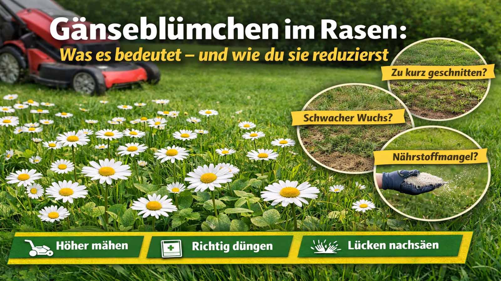 Viele Gänseblümchen im grünen Rasen im Vordergrund, links ein roter Rasenmäher unscharf im Hintergrund; rechts drei runde Detailbilder mit den Hinweisen „Zu kurz geschnitten?“, „Schwacher Wuchs?“ und „Nährstoffmangel?“ sowie unten eine grüne Leiste mit „Höher mähen“, „Richtig düngen“ und „Lücken nachsäen“.