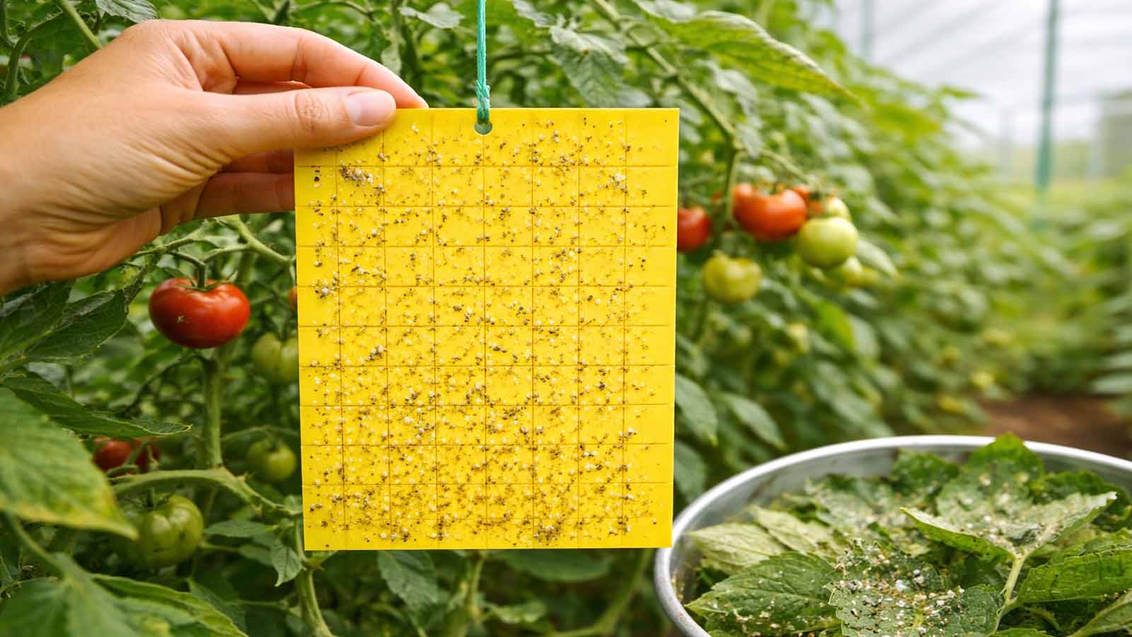 Nahaufnahme im Gewächshaus: Hand hält eine gelbe Klebetafel (Gelbtafel), die mit vielen kleinen weißen Fliegen bedeckt ist; im Hintergrund Tomatenpflanzen mit Früchten, die Szene wirkt wie Monitoring/Kontrolle des Befalls.