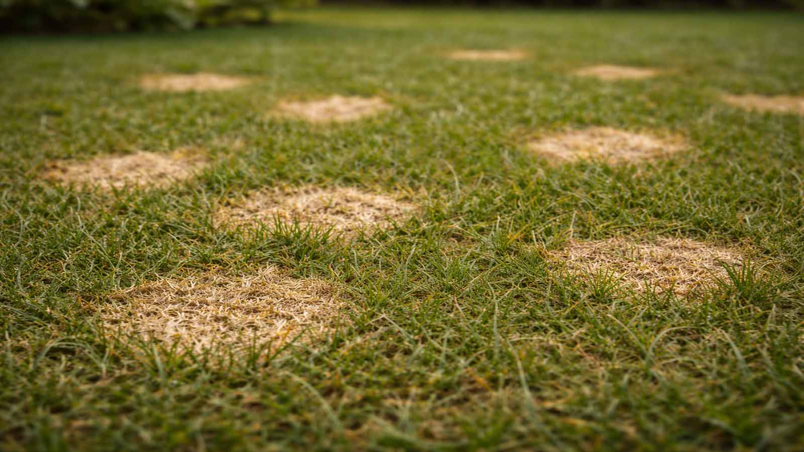 Dollarflecken im Rasen: mehrere kleine, runde, strohfarbene Flecken zwischen gesundem Grün – Aufnahme aus niedriger Perspektive.