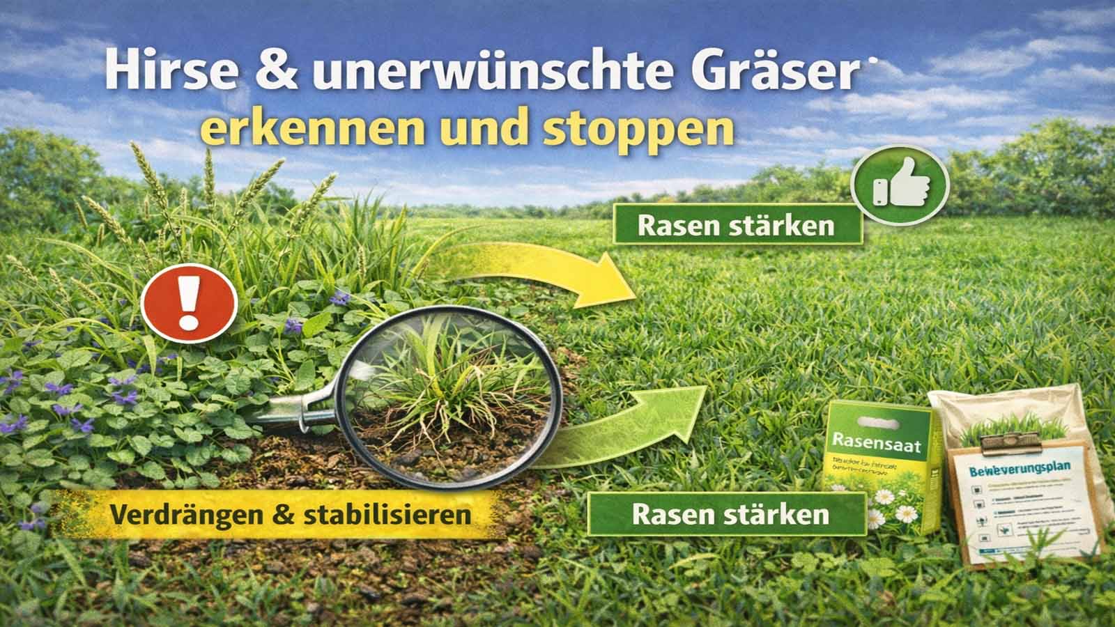 Beitragsbild zeigt links helle, schnell wachsende unerwünschte Gräser mit Samenständen (Hirse) und rechts einen dichten, gesunden Rasen; eine Lupe hebt die Grasbasis hervor und Pfeile markieren den Weg „erkennen“ → „Rasen stärken“, daneben sind Rasensaat und Bewässerungsplan dargestellt.