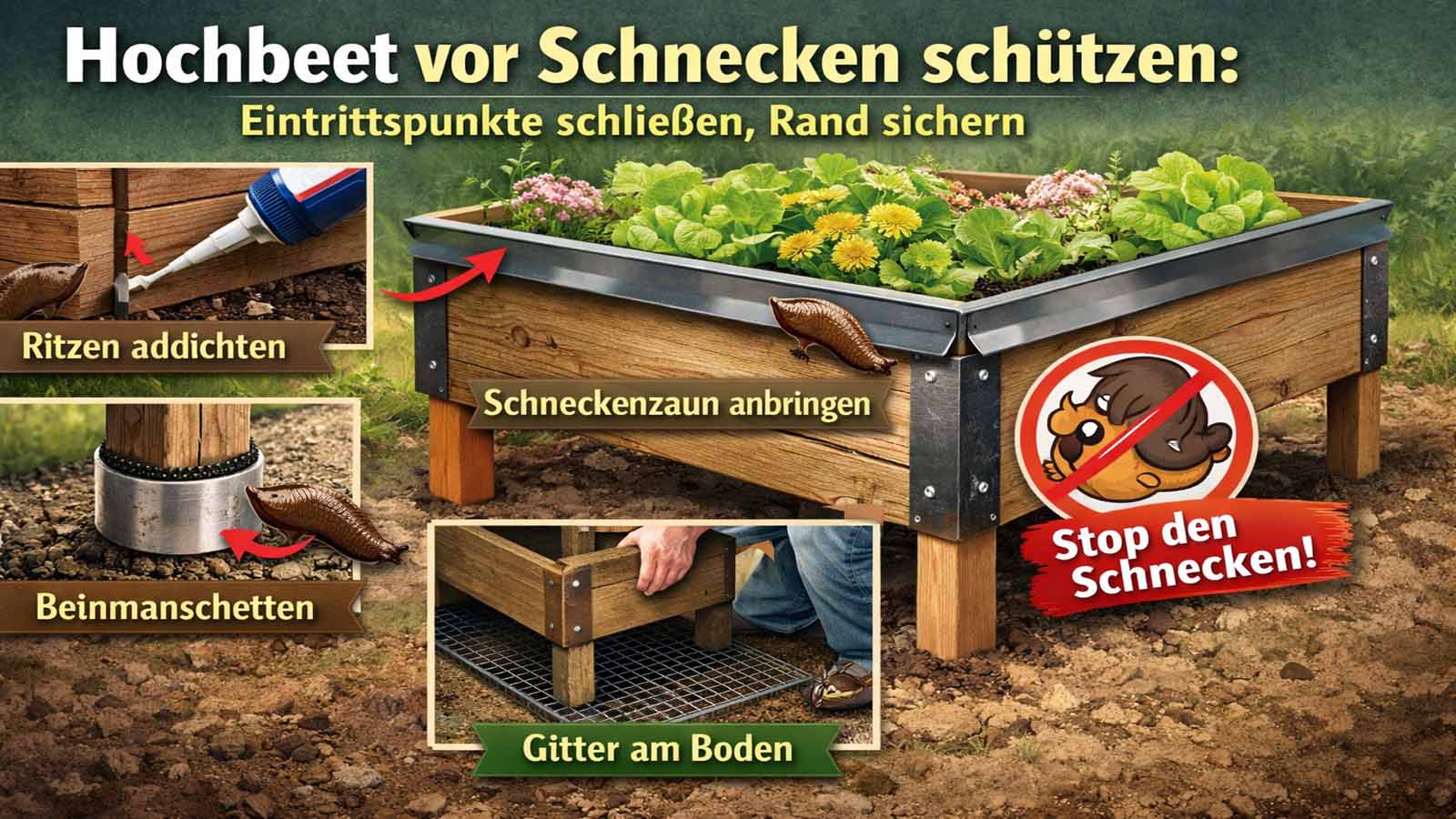 Hochbeet mit Schutzrand gegen Schnecken – Eintrittspunkte an Beinen und Kanten schließen.