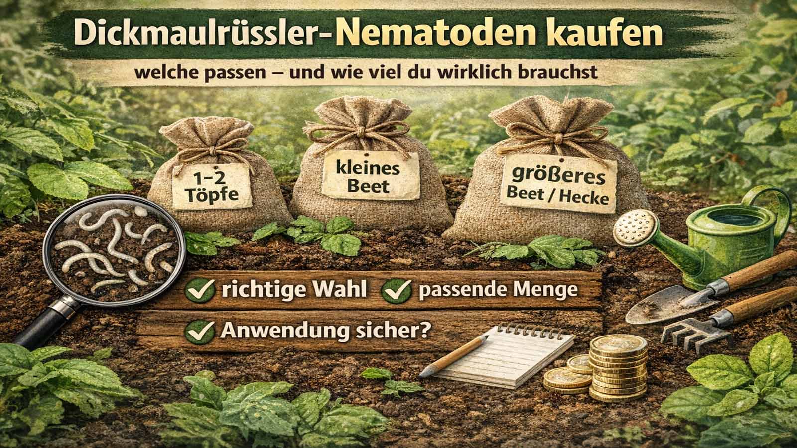 Beitragsbild mit Säckchen für unterschiedliche Flächengrößen (1–2 Töpfe, kleines Beet, größeres Beet/Hecke), Lupe mit Larven im Boden sowie Gartengeräten – Symbol für richtige Wahl, passende Menge und sichere Anwendung von Nematoden gegen Dickmaulrüssler.