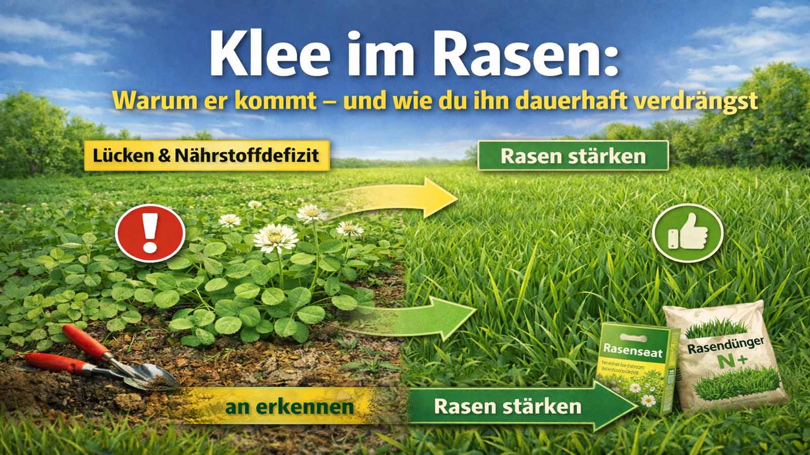 Beitragsbild mit Klee im Rasen links (Lücken/Nährstoffdefizit) und dichtem, gesundem Rasen rechts („Rasen stärken“); Pfeil zeigt von Klee zu kräftigem Rasen, unten sind Rasensaat und Rasendünger abgebildet.