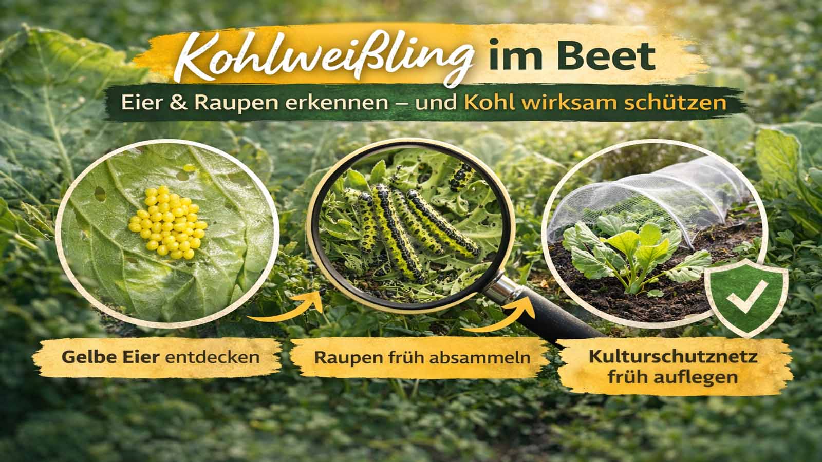 Kohlbeet mit typischen Kohlweißling-Anzeichen: gelbe Eier an der Blattunterseite, Raupen am Kohlblatt und Kulturschutznetz als Schutz vor Eiablage.