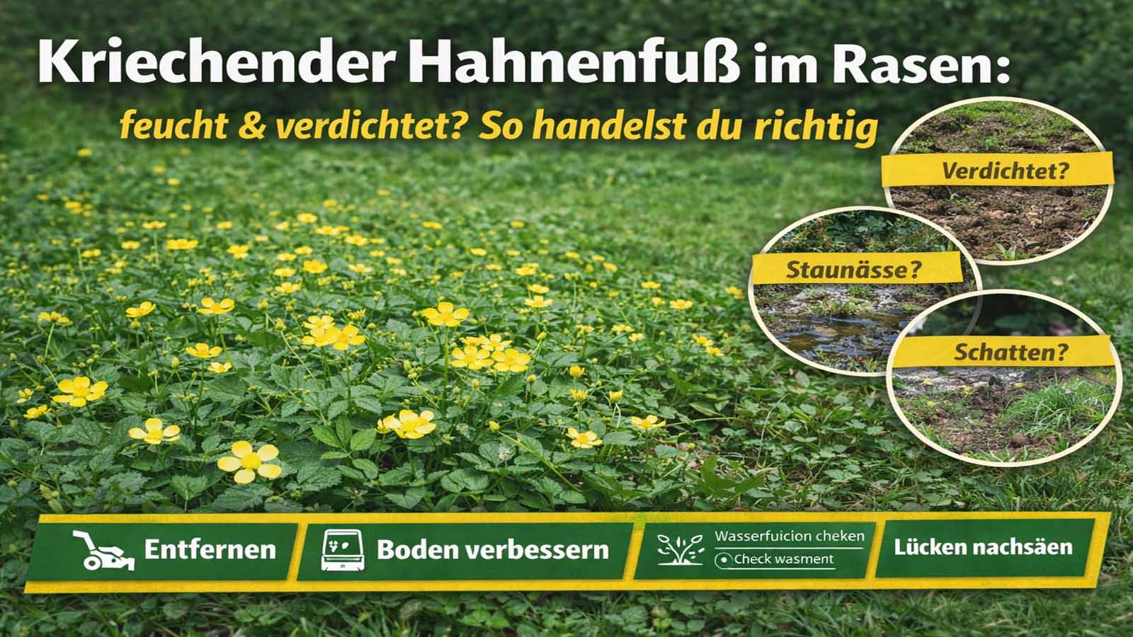 Gelbe Blüten und kriechende Teppiche von Hahnenfuß im Rasen; rechts drei runde Detailbilder mit den Hinweisen „Verdichtet?“, „Staunässe?“ und „Schatten?“. Unten eine grüne Maßnahmen-Leiste mit „Entfernen“, „Boden verbessern“, „Wasserführung checken“ und „Lücken nachsäen“.