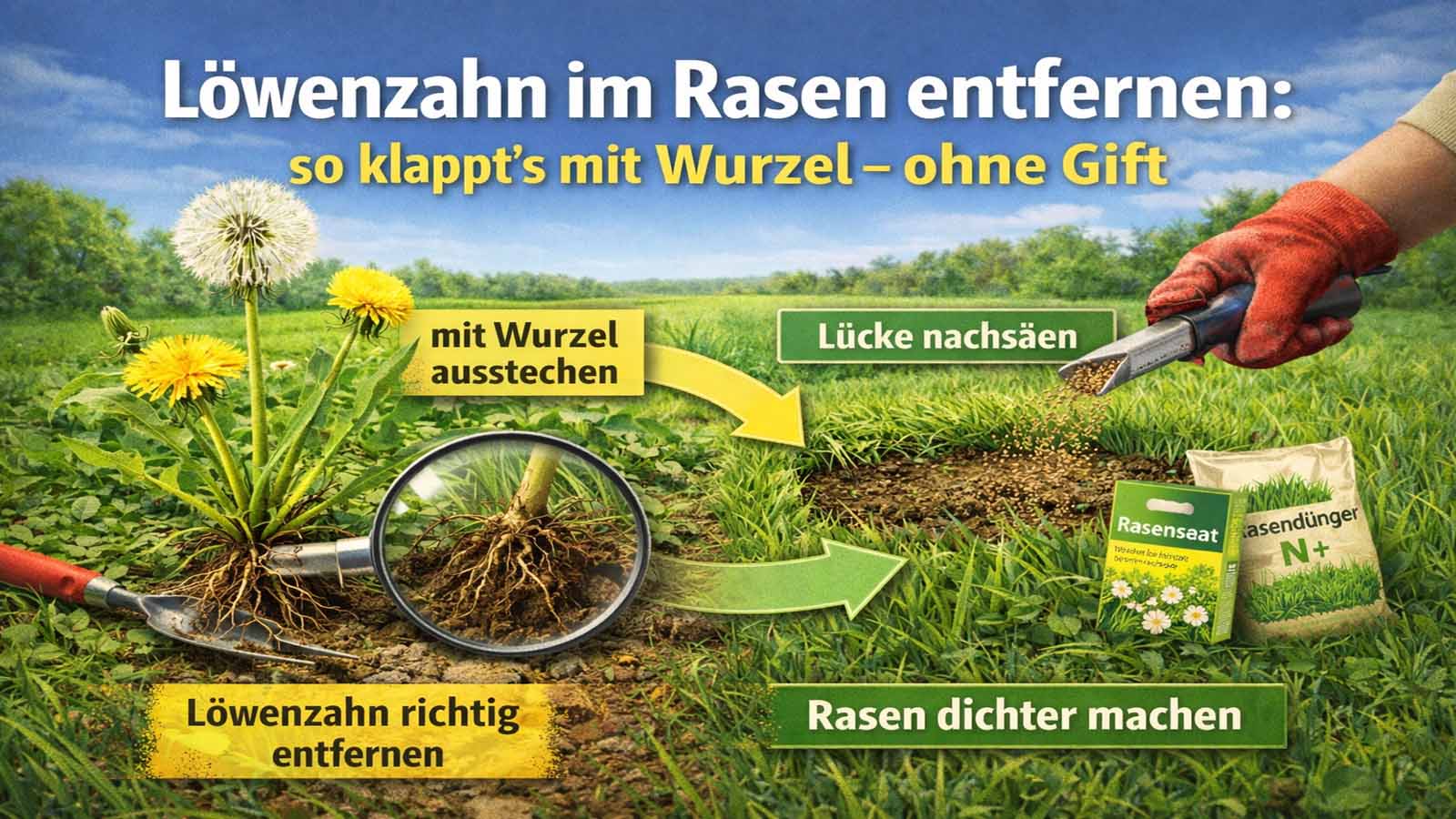 Beitragsbild: Löwenzahn wird mit einem Unkrautstecher samt Pfahlwurzel aus dem Rasen geholt; daneben wird eine entstandene Lücke mit Rasensaat nachgesät, Pfeile zeigen die Schritte „ausstechen“ und „nachsäen“.