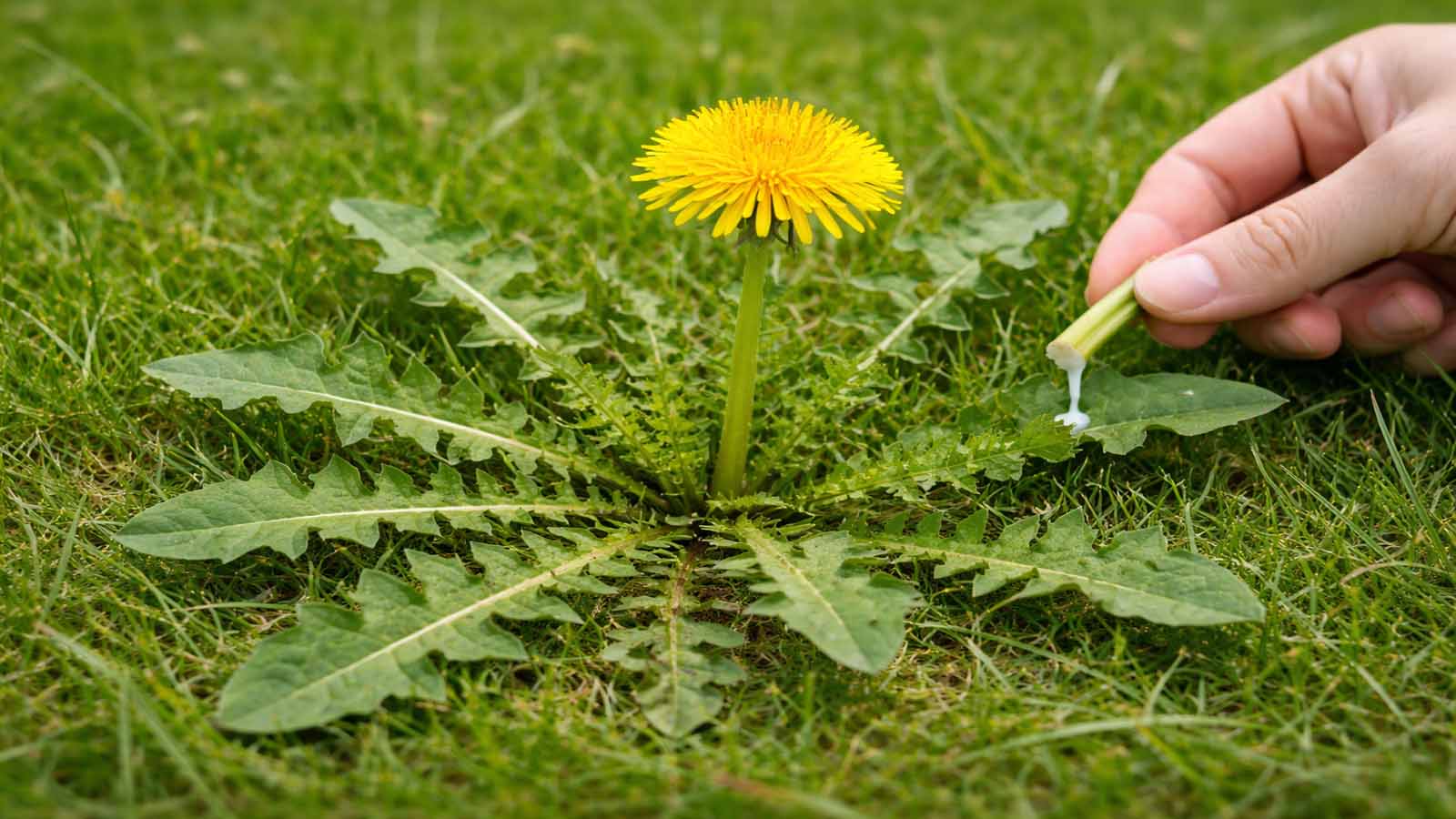 Nahaufnahme von Löwenzahn im Rasen: gezahnte Blattrosette mit gelber Blüte; eine Hand bricht den hohlen Stiel, weißer Milchsaft tritt aus.