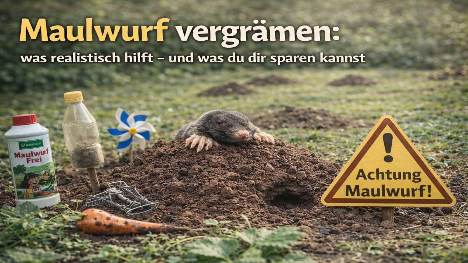 Maulwurf sitzt auf einem frischen Erdhügel im Garten; daneben Schild „Achtung Maulwurf!“ und typische Vergrämungs-Utensilien im Vordergrund.