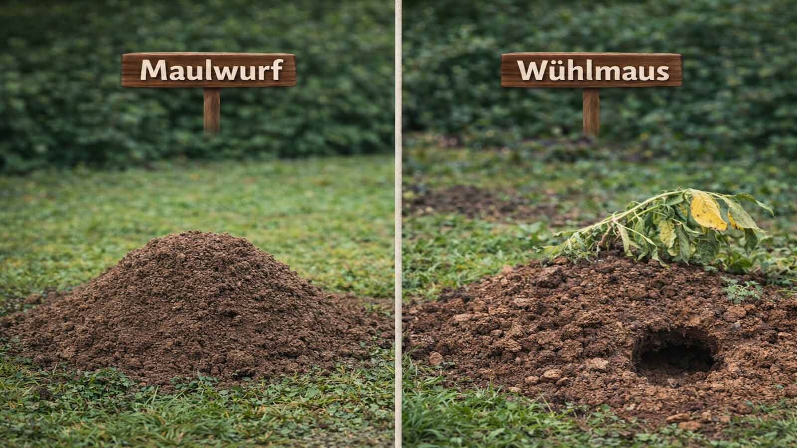 Vergleichsbild im Querformat: Links ein fein krümeliger, kegelförmiger Maulwurfshügel ohne offenes Loch; rechts ein gröberes, flacheres Wühlmaus-Häufchen mit sichtbarem Eingang und welker Pflanze daneben.