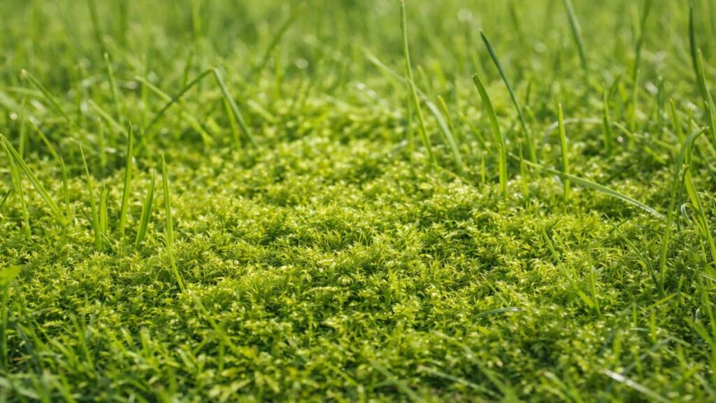 Sattgrünes, teppichartiges Moos wächst zwischen den Grashalmen.