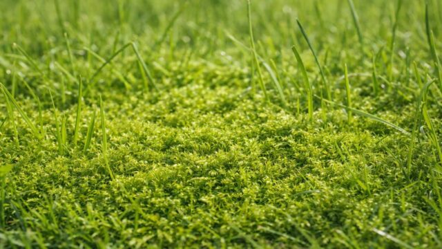 Sattgrünes, teppichartiges Moos wächst zwischen den Grashalmen.