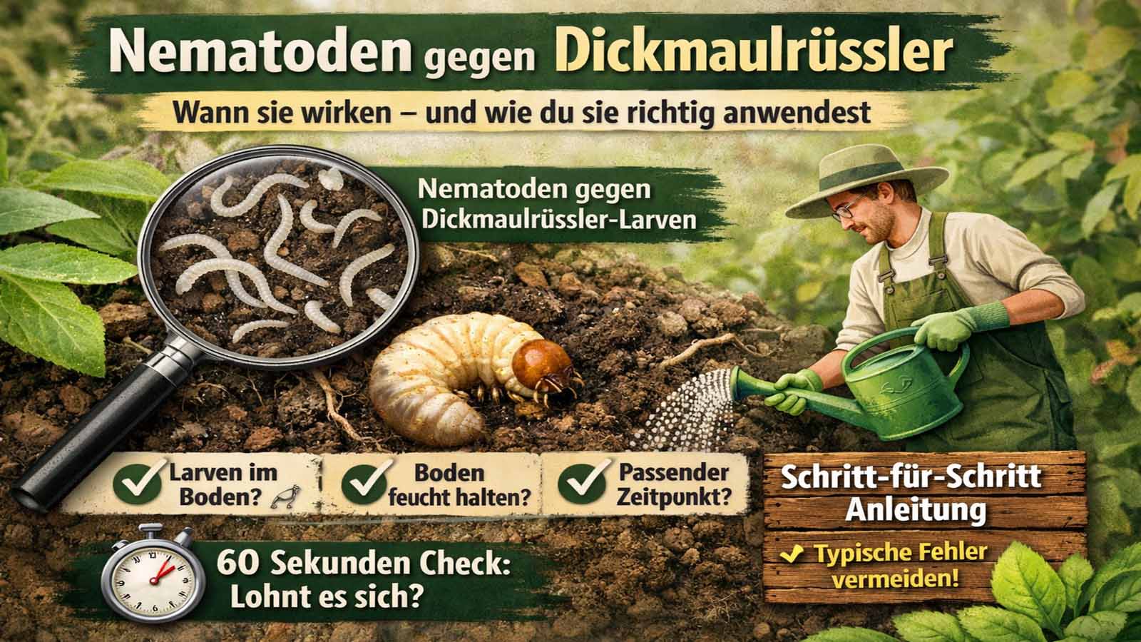 Infografik: Nematoden gegen Dickmaulrüssler-Larven – Lupe mit Larven im Boden, eine Engerling-Larve, Gärtner beim Ausbringen mit Gießkanne sowie Check-Icons „Larven im Boden?“, „Boden feucht halten?“ und „Passender Zeitpunkt?“.