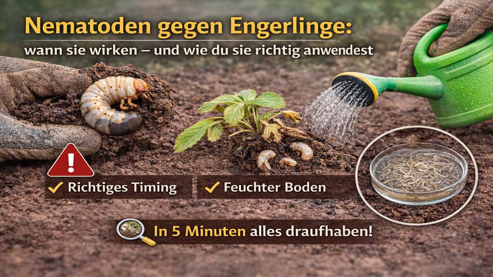 Gießkanne wässert Beet mit Jungpflanze; daneben C-förmiger Engerling in der Hand und mehrere Engerlinge im Boden. Hinweise „Richtiges Timing“ und „Feuchter Boden“ sowie Schale mit Nematoden-Lösung.