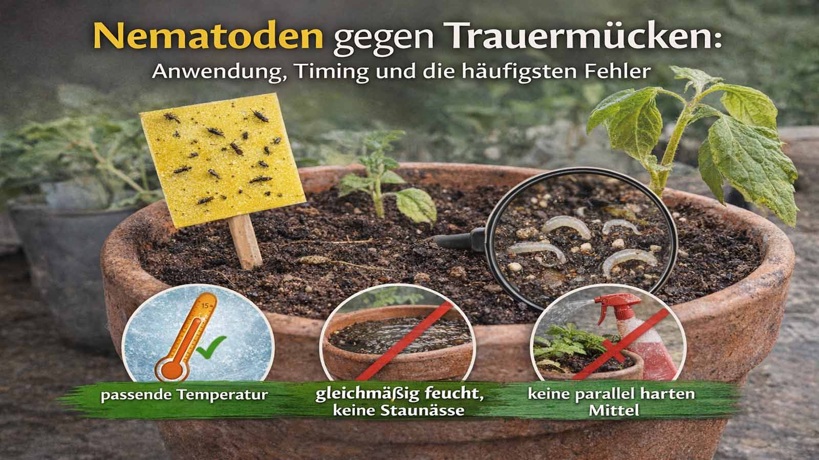 Topf mit Jungpflanze, Gelbtafel mit Trauermücken und Lupen-Detail im feuchten Substrat; Symbole für passende Temperatur, gleichmäßige Feuchte ohne Staunässe und „keine harten Mittel parallel“.