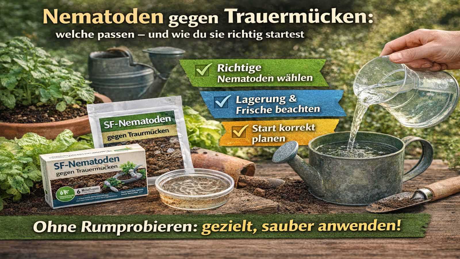 Gießkanne und Topfpflanze im Garten, daneben Packung „SF-Nematoden gegen Trauermücken“ und Checkliste „richtige Nematoden wählen“, „Lagerung & Frische beachten“, „Start korrekt planen“.