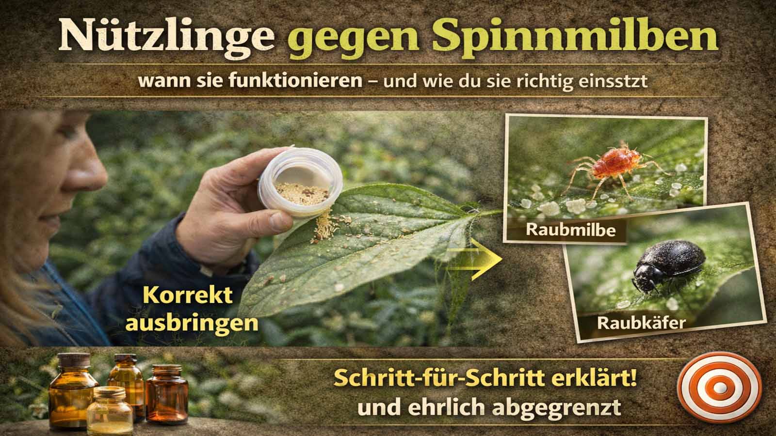 Beitragsgrafik zur biologischen Spinnmilben-Bekämpfung: Person bringt Nützlinge auf ein Blatt aus; daneben Nahaufnahmen von Raubmilbe und Raubkäfer als Gegenspieler der Spinnmilben.