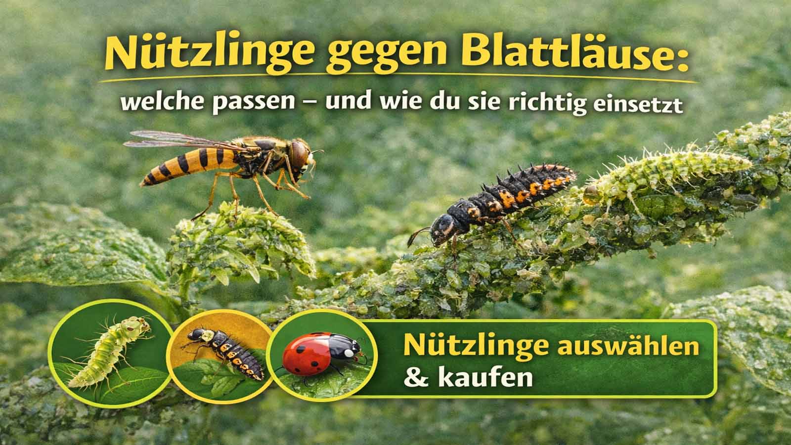 Schwebfliege und Marienkäferlarve auf blattlausbefallenem Trieb; unten Symbole für Florfliegenlarve, Marienkäferlarve und Marienkäfer – Kaufhilfe zu passenden Nützlingen gegen Blattläuse und richtigem Einsatz.