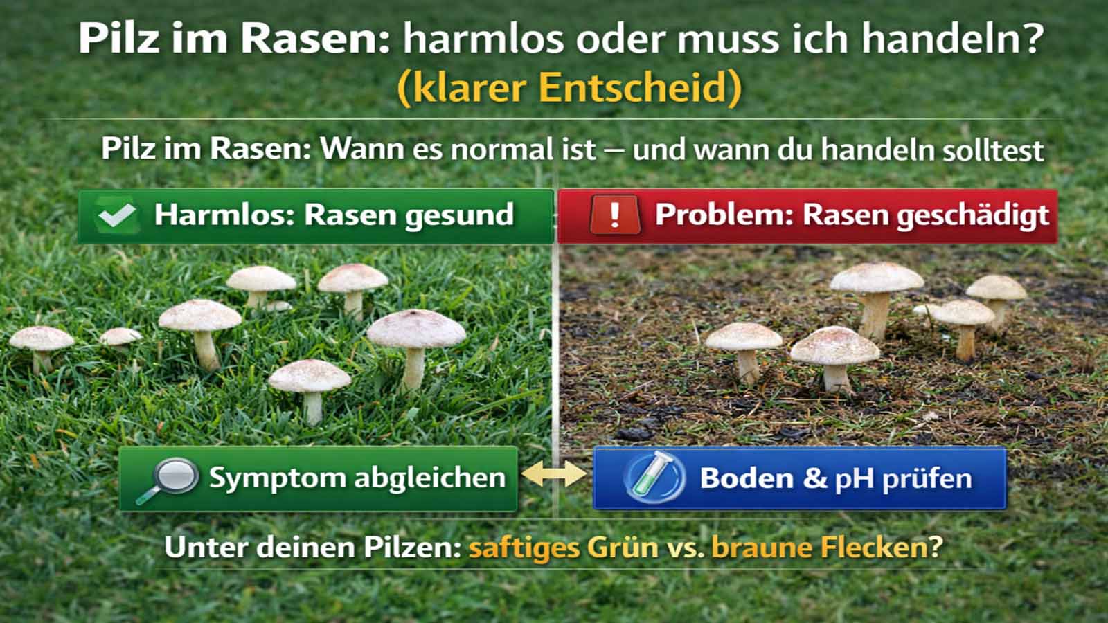 Pilz im Rasen: Vergleich harmlos vs. Problem – links gesunder Rasen mit Pilzhüten, rechts geschädigter Rasen mit braunen Stellen; Buttons „Symptom abgleichen“ und „Boden & pH prüfen“.