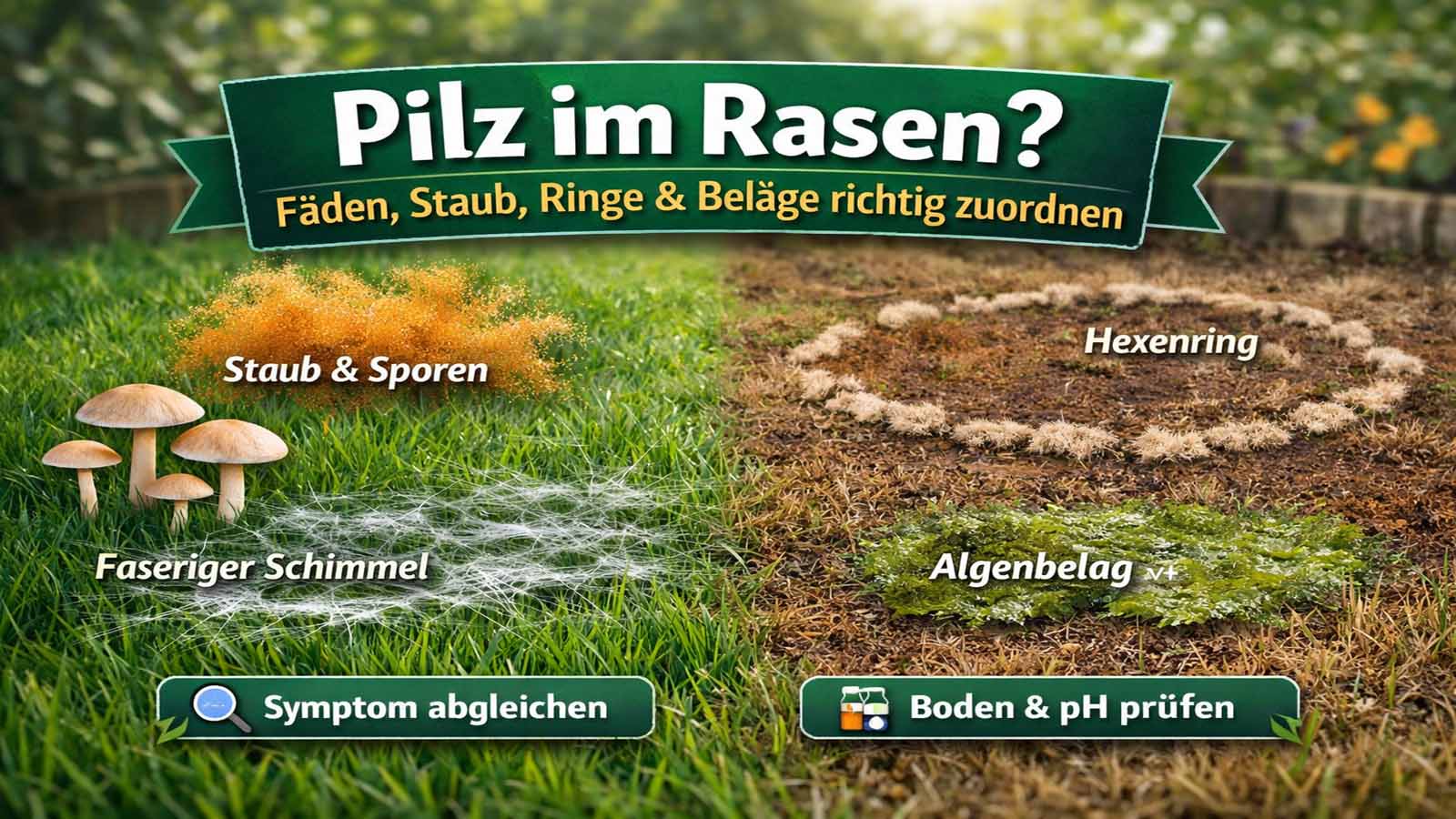 Infografik: links Pilze und Sporen auf dichtem, grünem Rasen (meist harmlos), rechts Ringe/Beläge auf geschädigter brauner Fläche (Handlungsbedarf) – mit Hinweisen zu Staub, Fäden, Hexenring und Algenbelag.