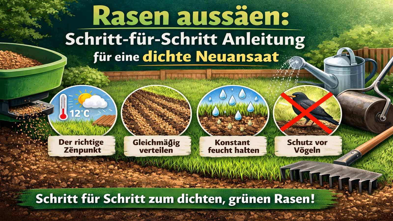Illustration zur Rasen-Neuansaat: Rasensamen im Kreuzgang streuen, Bodentemperatur beachten, Oberfläche 14–21 Tage feucht halten und Saat vor Vogelfraß schützen.