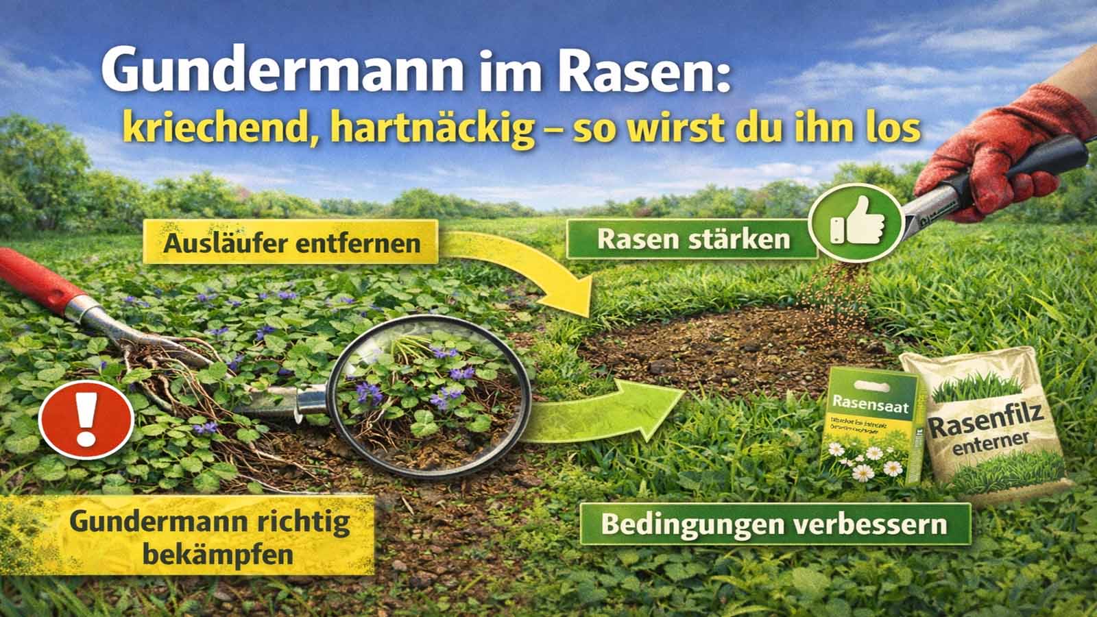 Beitragsbild zeigt Gundermann (Gundelrebe) als kriechenden Teppich im Rasen; links werden Ausläufer mit Werkzeug samt Wurzeln entfernt, rechts wird die kahle Stelle nachgesät und der Rasen gestärkt, Pfeile markieren die Schritte „Ausläufer entfernen“ und „Rasen stärken“.