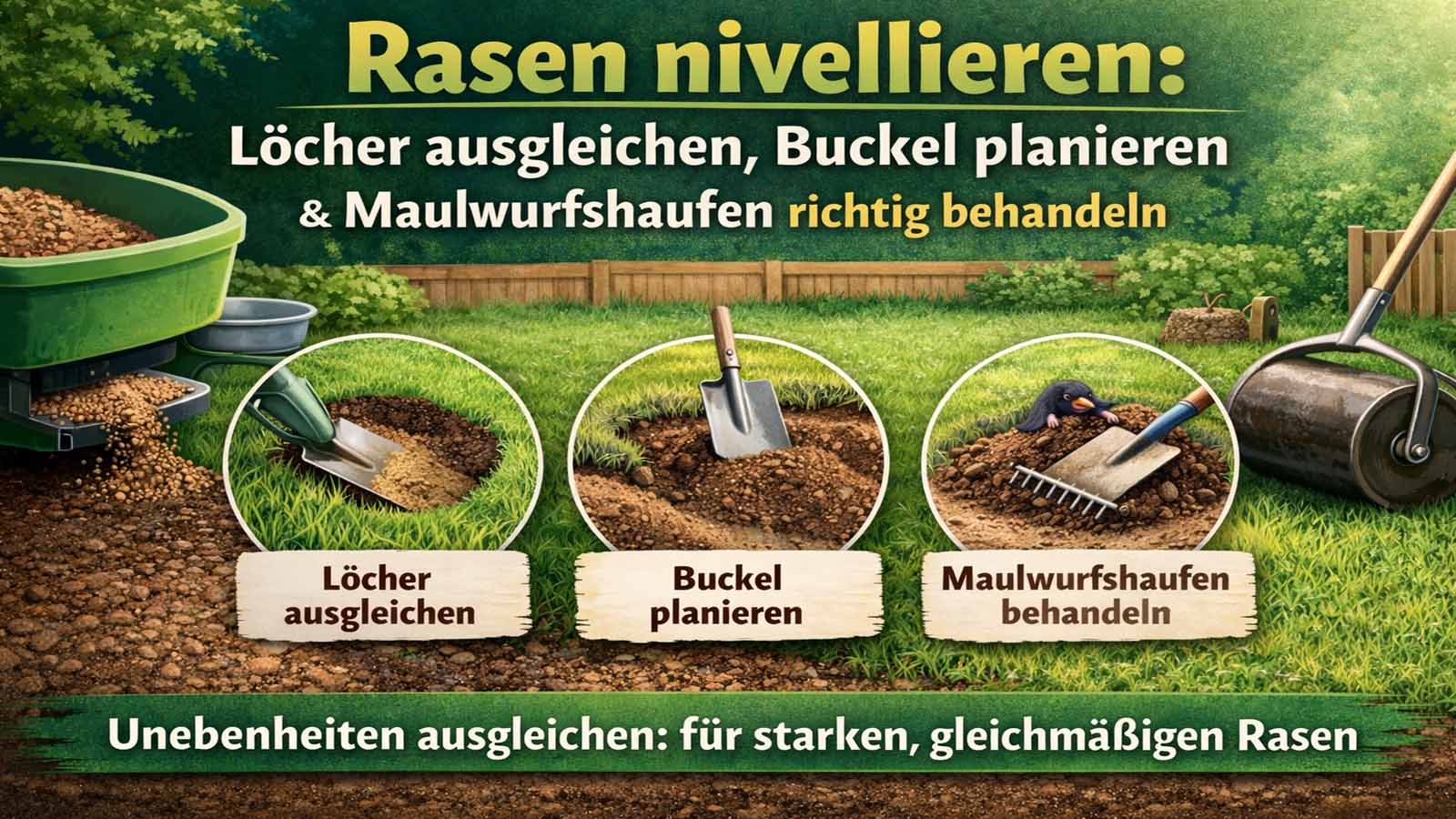 Illustration zum Rasen nivellieren: Unebenheiten ausgleichen, Löcher/Mulden auffüllen, Buckel planieren und Maulwurfshaufen verteilen; mit Werkzeugen wie Schaufel, Rechen und Rasenwalze im Garten.
