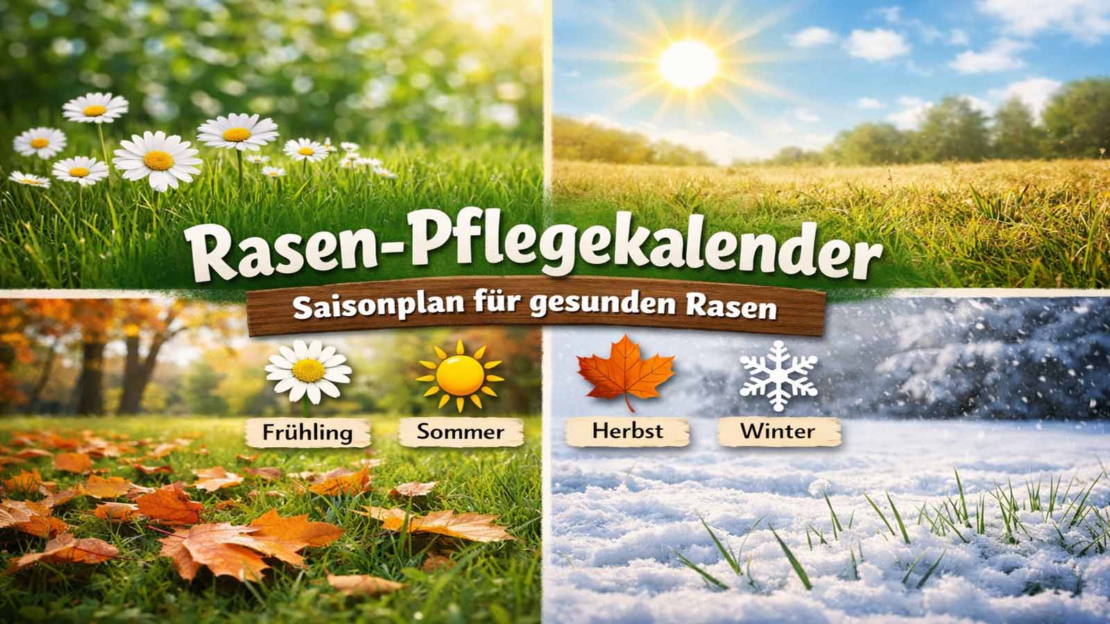 Viergeteiltes Beitragsbild „Rasen-Pflegekalender“: Frühling mit Blüten, Sommer mit Sonne, Herbst mit Laub, Winter mit Schnee – Saisonplan für gesunden Rasen.