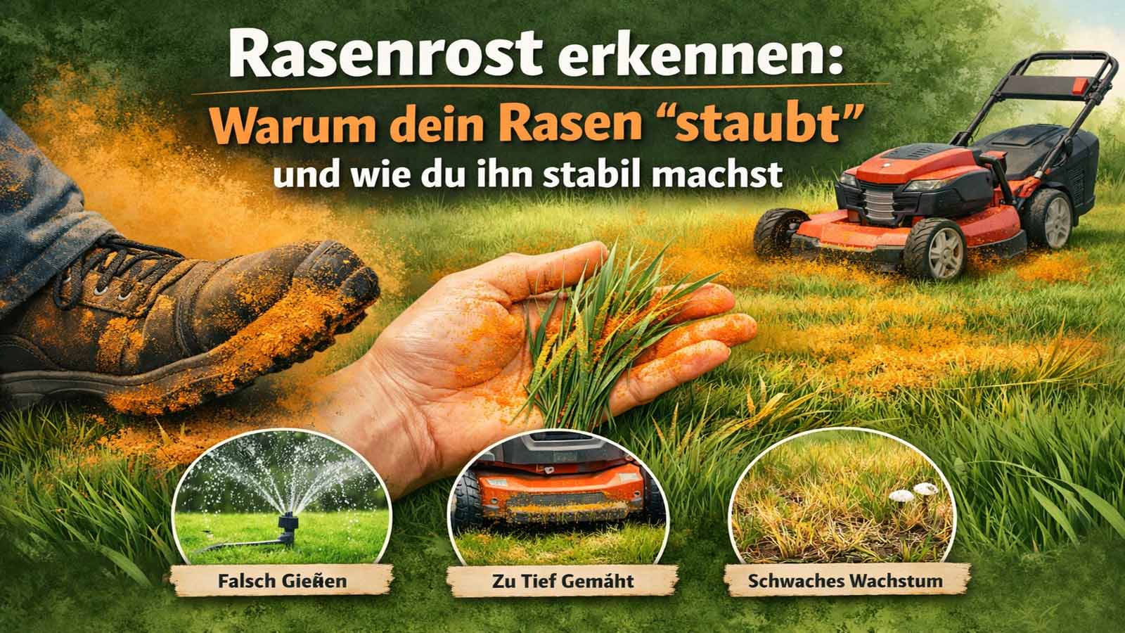 Schuhe und Rasenmäher mit orangefarbenem Roststaub auf einer Rasenfläche; eine Hand hält Grashalme mit orangefarbenem Belag – Hinweis auf Rasenrost.