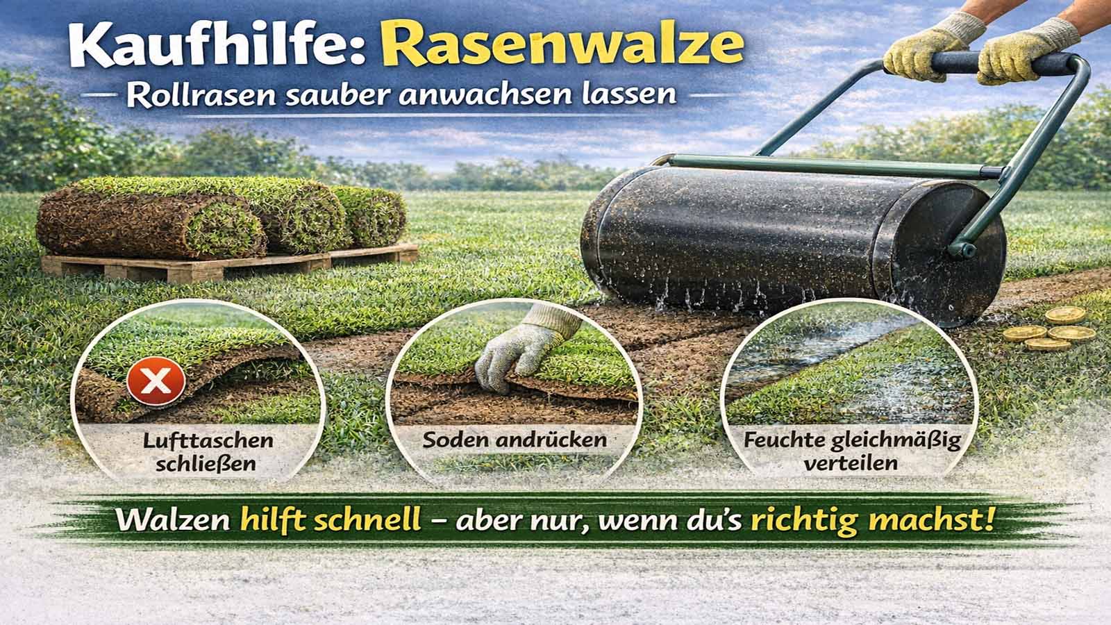 Kaufhilfe Rasenwalze: Eine Rasenwalze drückt frisch verlegten Rollrasen an, um Lufttaschen zu schließen, Soden/Nähte anzudrücken und die Feuchte gleichmäßig zu verteilen – so wächst Rollrasen besser an.