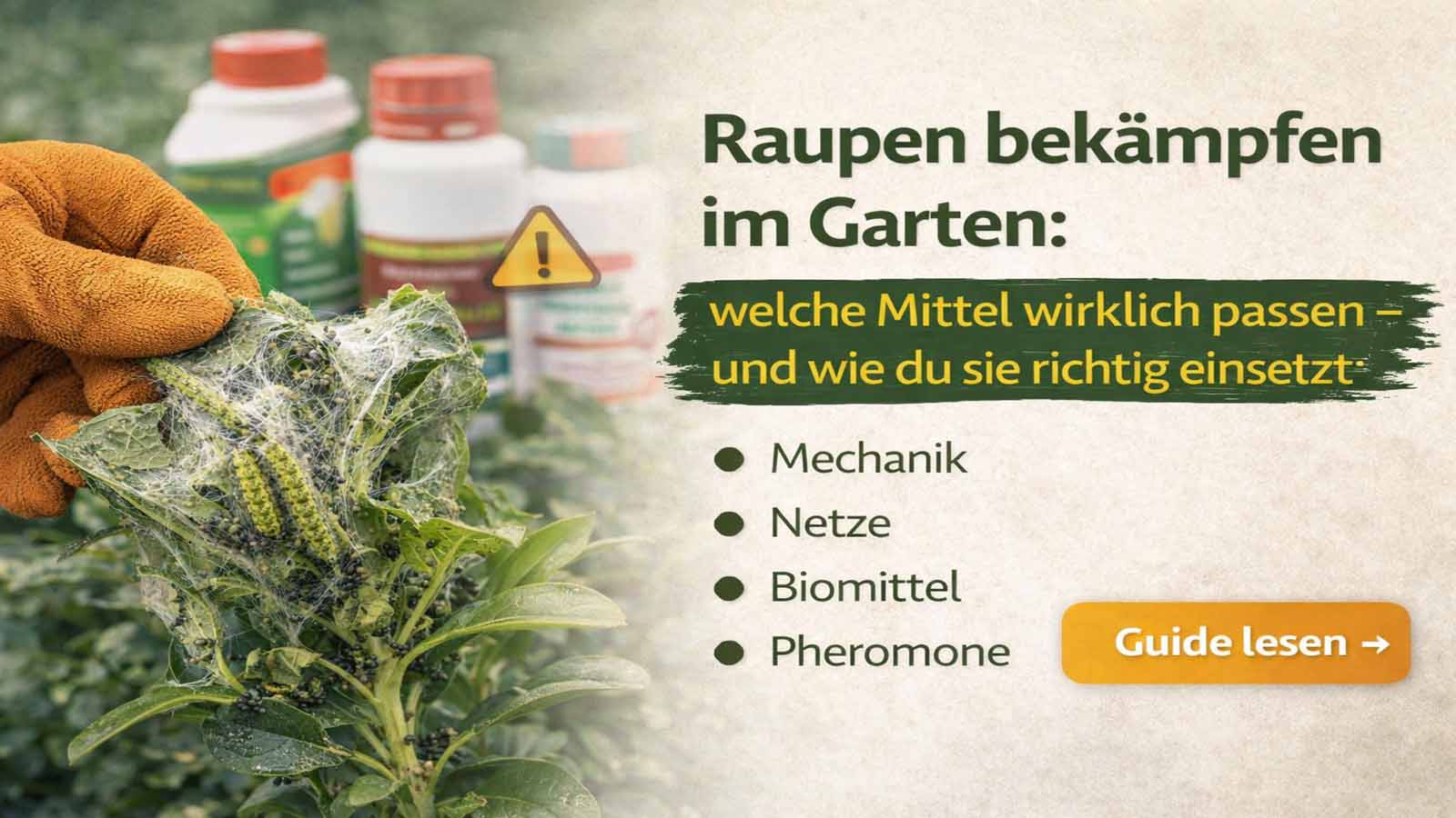 Beitragsbild zur Raupenbekämpfung: befallene Pflanze mit Raupen und Gespinsten, im Hintergrund Mittel-Flaschen; Hinweis auf passende Methoden wie Mechanik, Netze, Biostoffe und Pheromon-Monitoring.