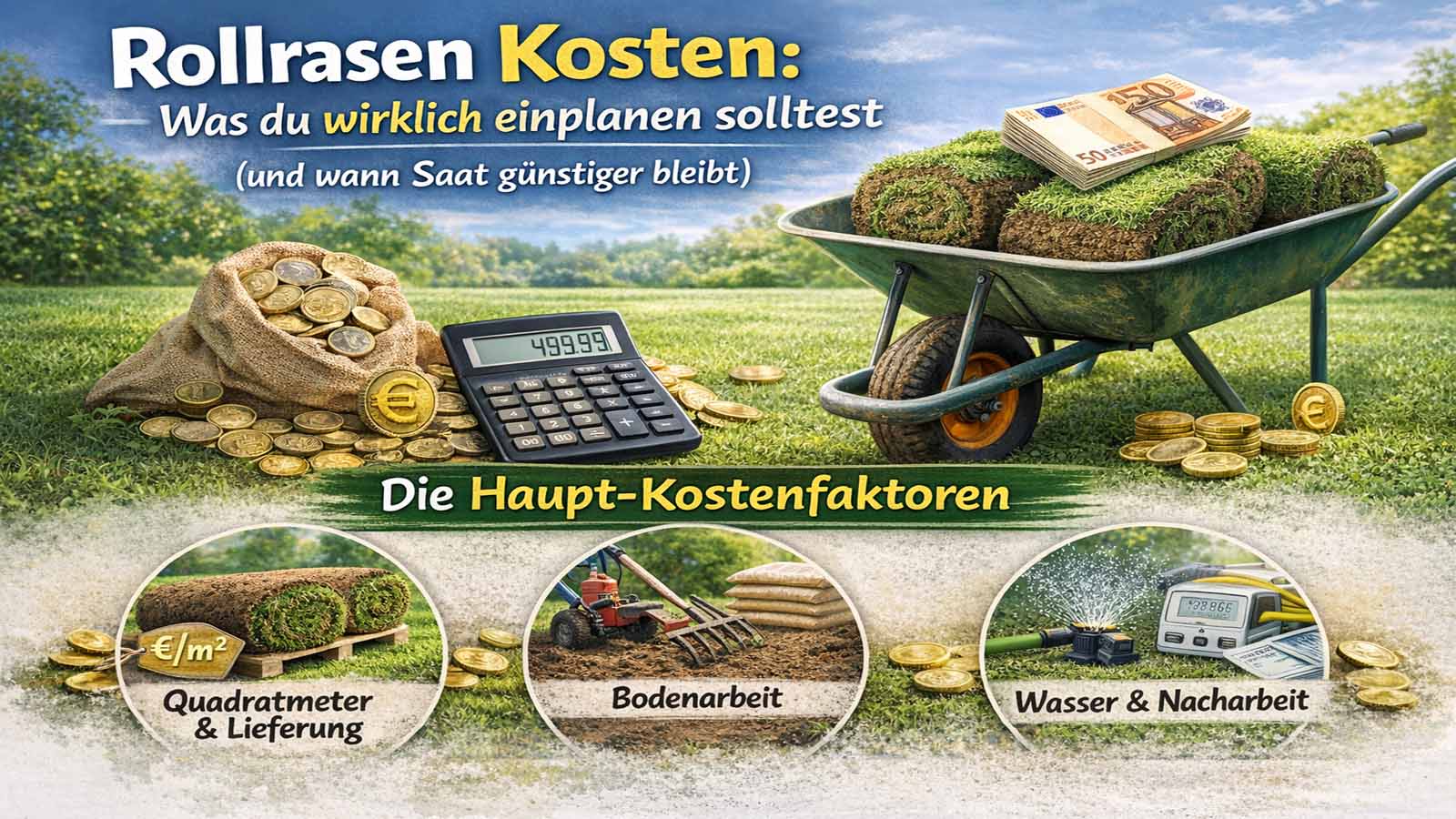 Kostenvergleich Rollrasen vs. Rasensaat: Rollrasenrollen, Euro-Scheine und Münzen sowie Symbole für Lieferung, Bodenarbeit, Wasser und mögliche Ausfälle – Überblick über die wichtigsten Kostenfaktoren.