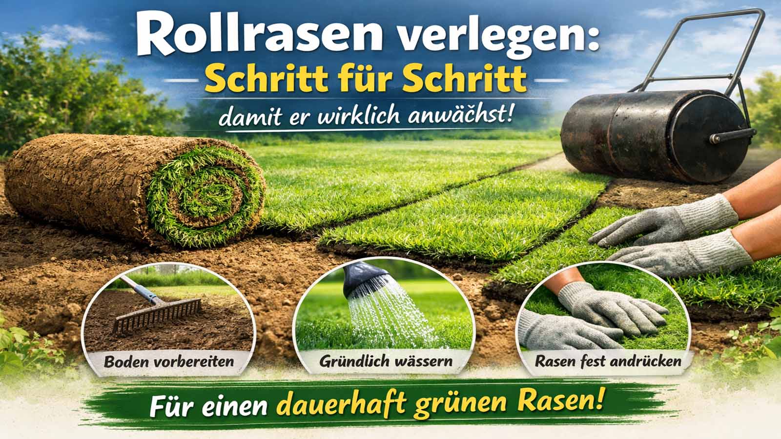 Rollrasen wird im Garten verlegt: Eine Grasrolle wird ausgerollt, Nähte werden ausgerichtet und der Rasen mit einer Walze angedrückt – Schritt-für-Schritt-Anleitung für gutes Anwachsen.