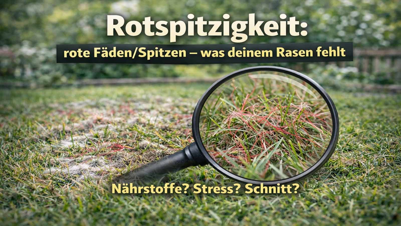 Beitragsbild zur Rotspitzigkeit: Rasen mit roten Fäden/Spitzen (Red Thread), eine Lupe hebt die roten Fäden im Gras hervor; Text im Bild „Rotspitzigkeit: rote Fäden/Spitzen – was deinem Rasen fehlt“ und „Nährstoffe? Stress? Schnitt?“.