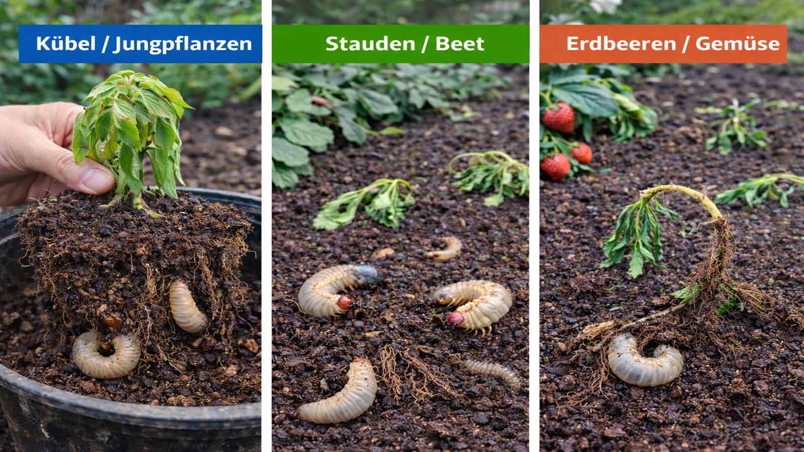 Dreigeteiltes Vergleichsbild: links Kübel/Jungpflanzen mit lockerem Ballen und Engerling, Mitte Stauden/Beet mit welken Pflanzen und Engerlingen im Boden, rechts Erdbeeren/Gemüse mit kümmernder Pflanze, freiliegenden Wurzeln und Engerling.