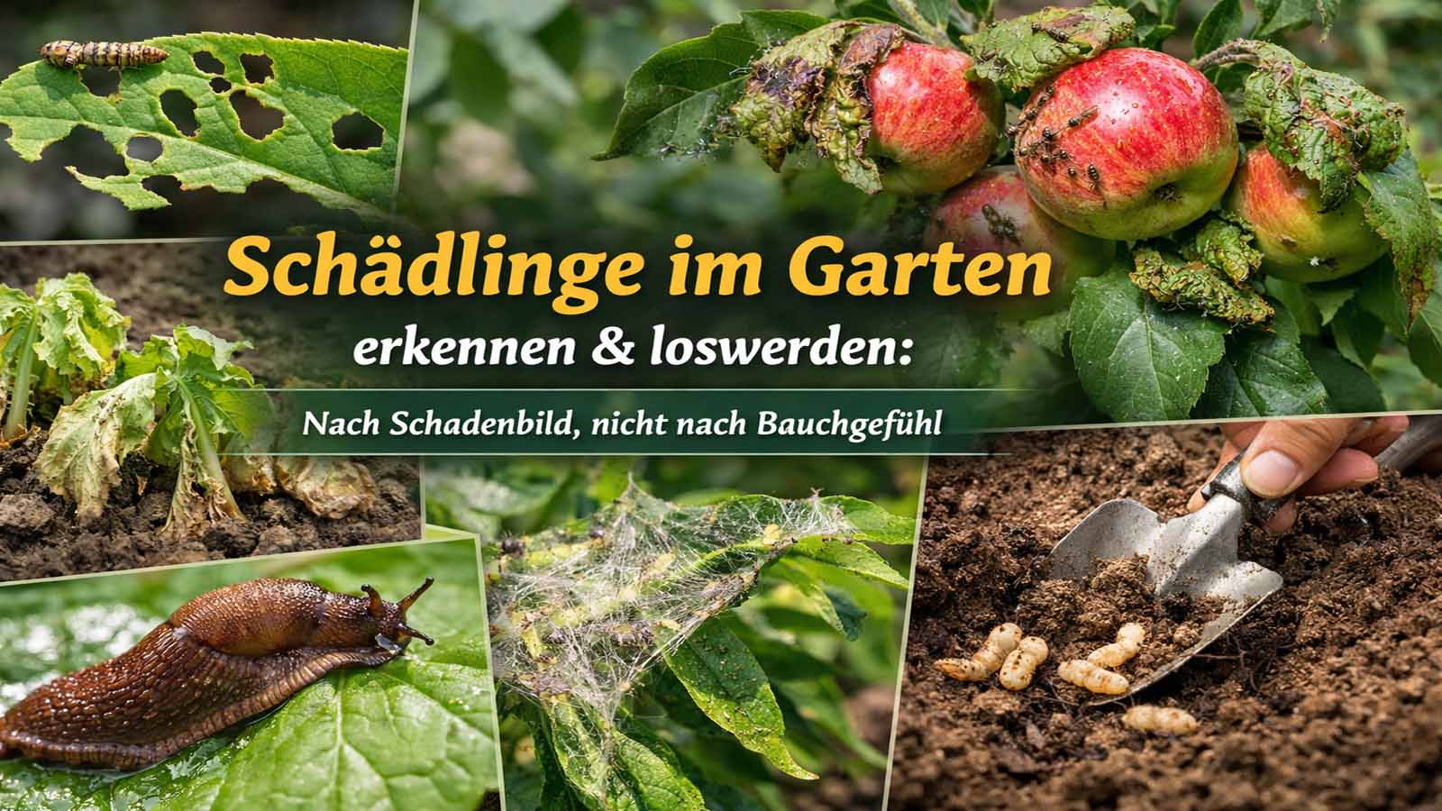 Collage mit typischen Schädlings-Schadenbildern im Garten: angefressenes Blatt, Blattläuse an Äpfeln, welke Jungpflanzen, Nacktschnecke, Gespinste an Blättern und Larven im Boden – Titel „Schädlinge im Garten erkennen & loswerden“.