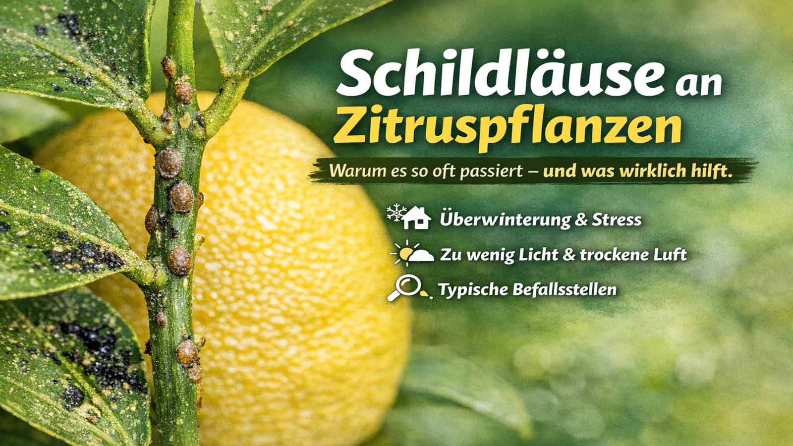 Nahaufnahme einer Zitruspflanze mit Schildläusen am Trieb; im Hintergrund eine Zitrone. Text im Bild: „Schildläuse an Zitruspflanzen – Warum es so oft passiert – und was wirklich hilft.“