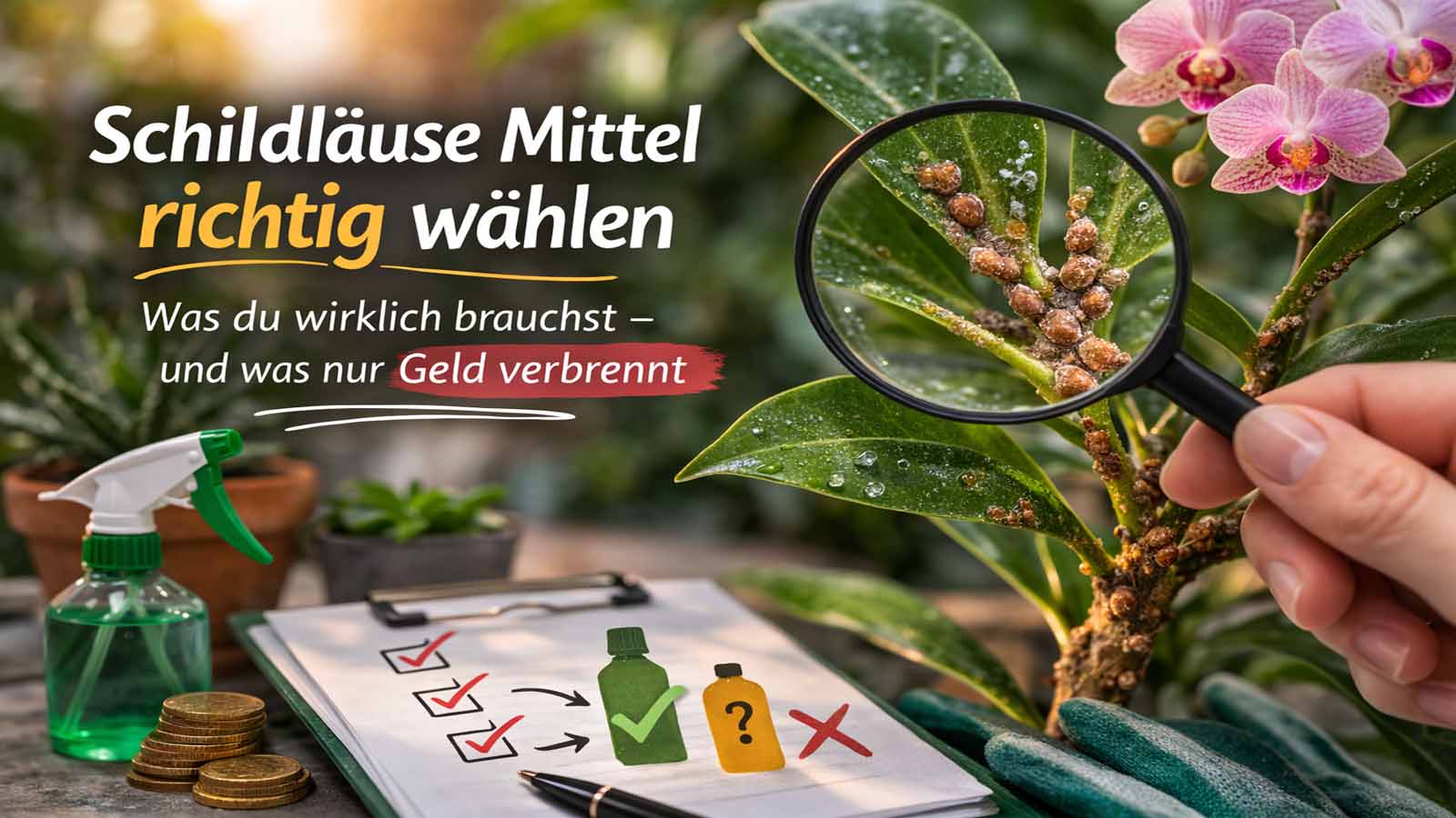 Nahaufnahme einer Pflanze mit Schildläusen am Trieb; eine Lupe zeigt den Befall. Im Hintergrund liegen Sprühflasche, Handschuhe und Checkliste. Text im Bild: „Schildläuse Mittel richtig wählen – Was du wirklich brauchst – und was nur Geld verbrennt“.