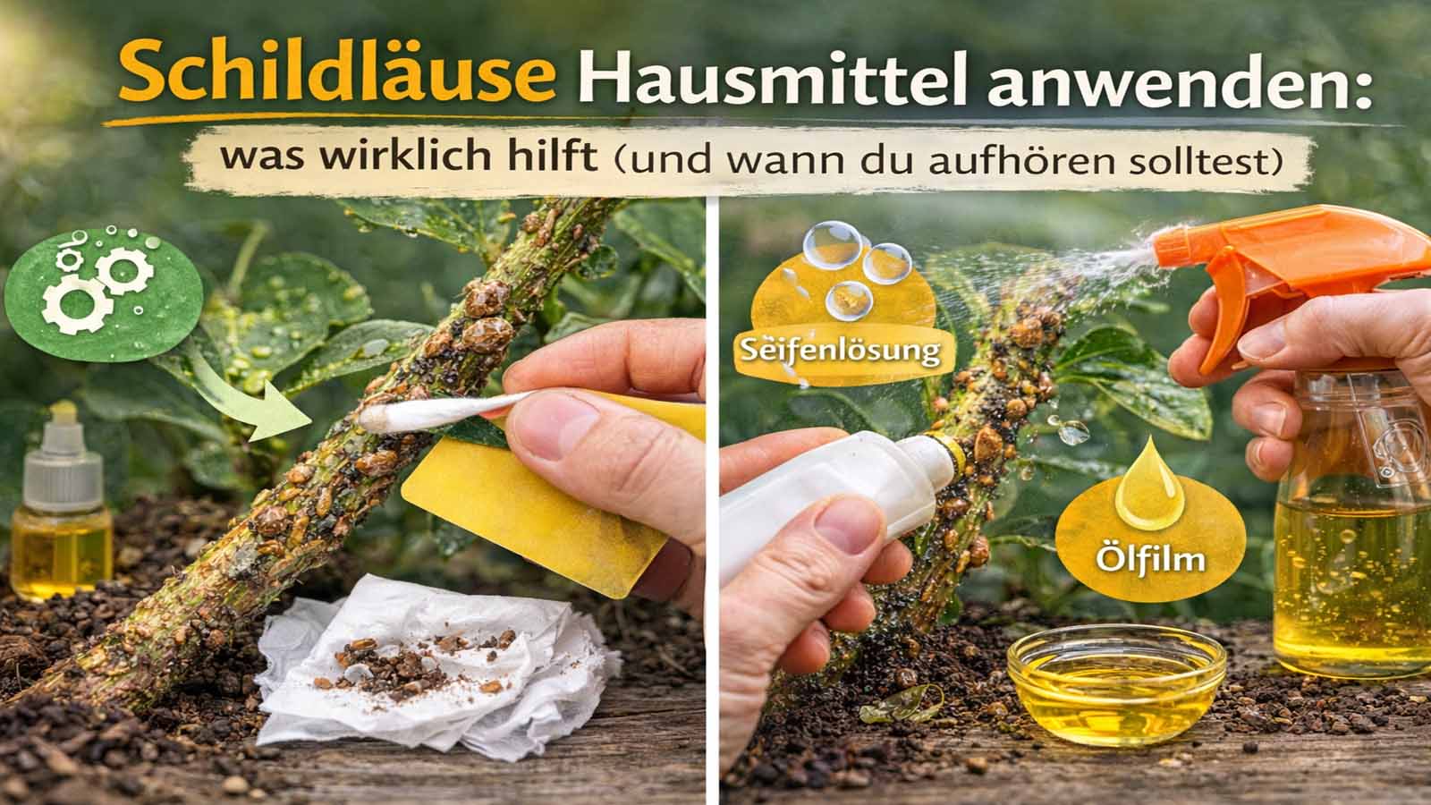 Beitragsbild „Schildläuse Hausmittel anwenden: was wirklich hilft (und wann du aufhören solltest)“ – links mechanisches Entfernen von Schildläusen mit Wattestäbchen/Plastikkarte, rechts Anwendung von Seifenlösung und Ölfilm per Sprühflasche.