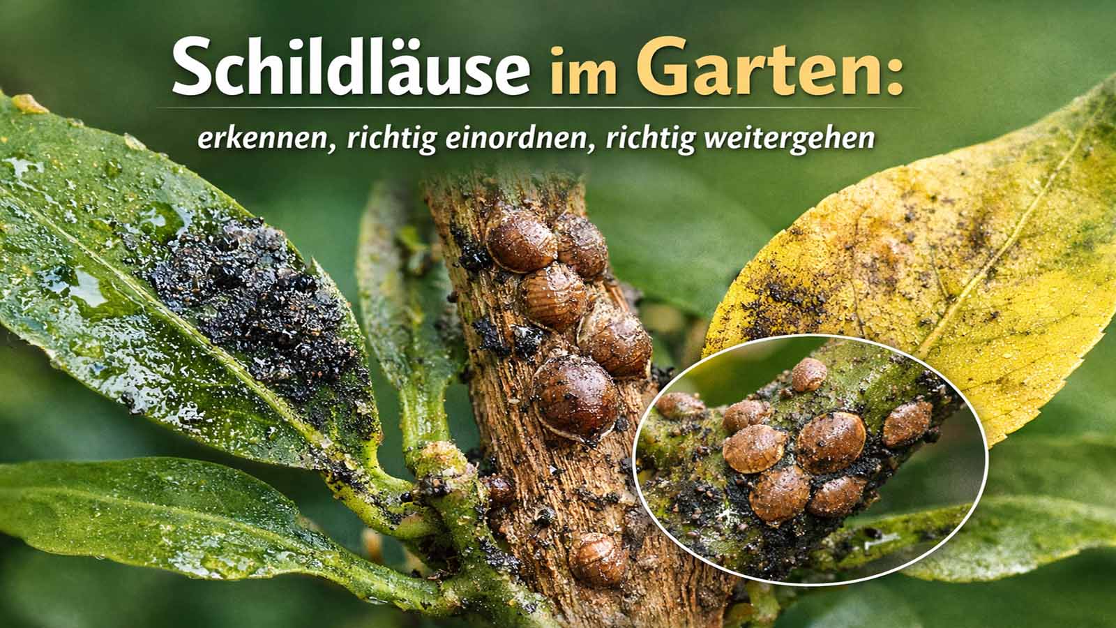 Nahaufnahme von Schildläusen an einem Pflanzenstamm mit klebrigen Blättern und schwarzem Rußtau – Titel „Schildläuse im Garten: erkennen, richtig einordnen, richtig weitergehen“.