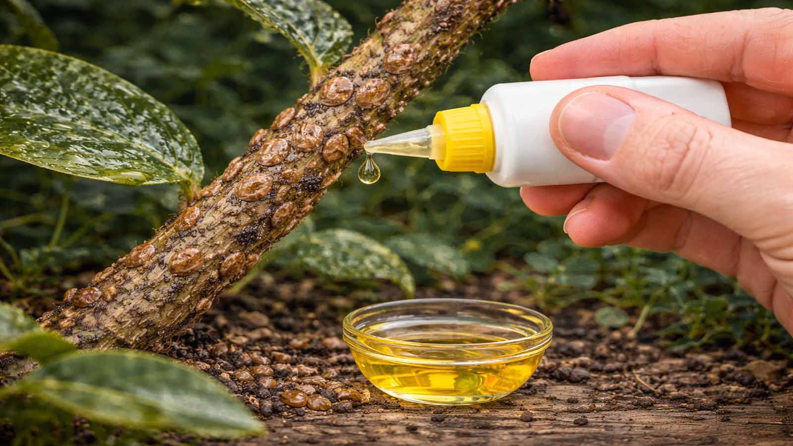 Nahaufnahme: Eine Hand trägt mit einer Dosierflasche einen Tropfen Öl sparsam auf einen schildlausbefallenen Trieb auf; kleine Schale mit Öl steht darunter.