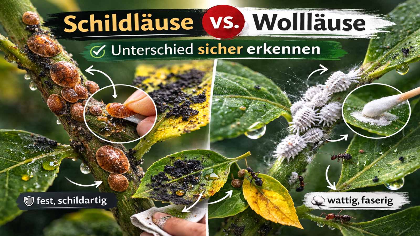 Beitragsbild im Querformat: links Schildläuse (braune, feste „Schildchen“ am Trieb), rechts Wollläuse (weiße, wattige Nester) – Text im Bild „Schildläuse vs. Wollläuse: Unterschied sicher erkennen“.