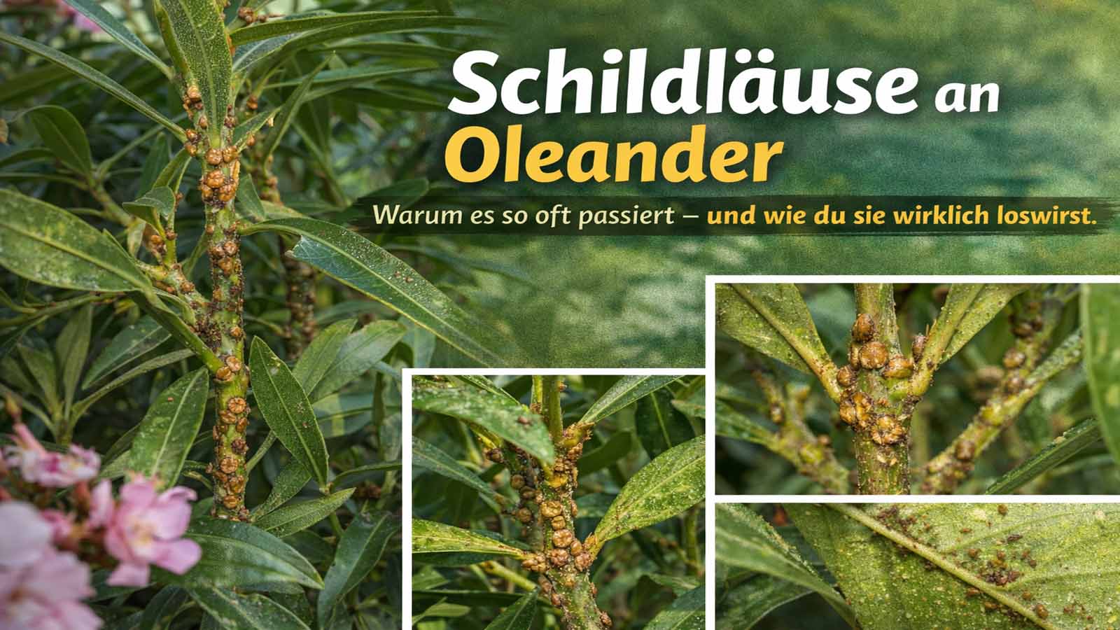 Nahaufnahme eines Oleanders mit Schildläusen an Trieben und Blattansätzen; im Hintergrund unscharfe Oleanderblüten. Text im Bild: „Schildläuse an Oleander – Warum es so oft passiert – und wie du sie wirklich loswirst.“