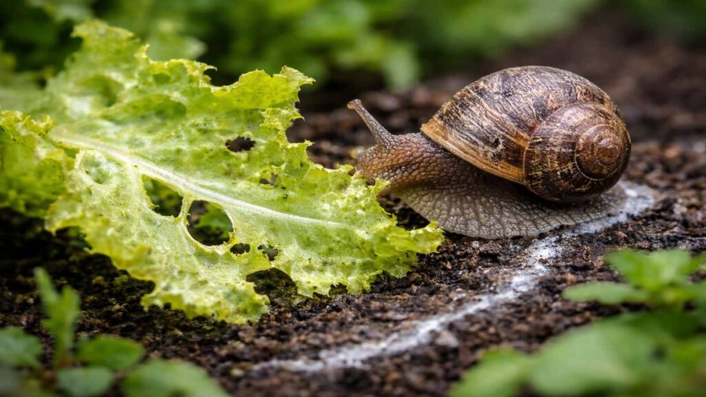 (Schnecke – Kontrast/Fehlalarm): grober Randfraß + Schleimspur ODER Keimling „über Nacht weg“ (damit der Leser sofort checkt: das ist anders)