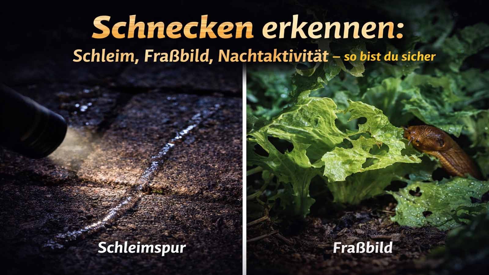Beitragsbild „Schnecken erkennen“: links Schleimspur im Licht, rechts angefressene Blätter mit Schnecke – Hinweis auf Schleim, Fraßbild und Nachtaktivität.