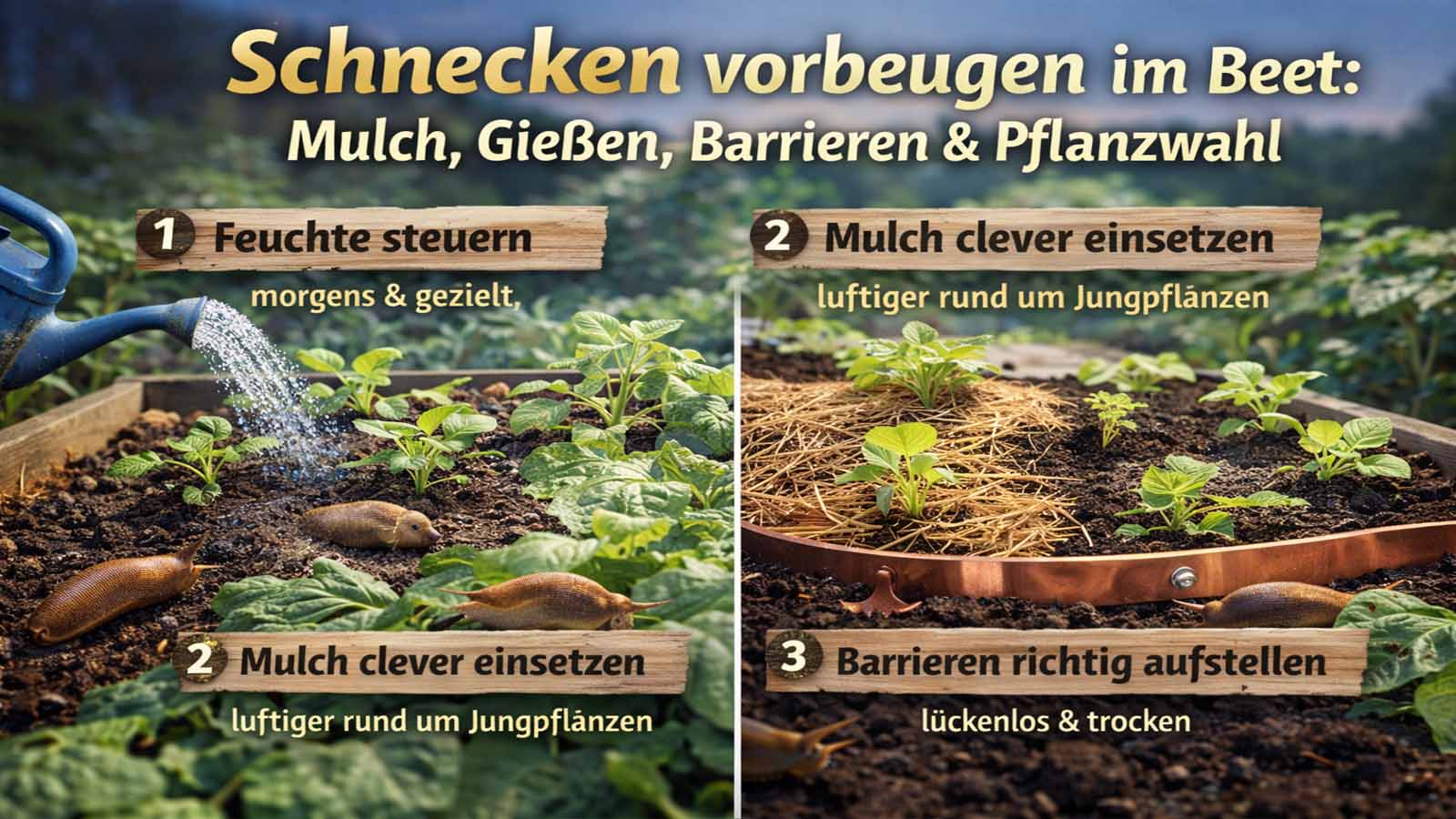 Beitragsbild „Schnecken vorbeugen im Beet“: Beet mit Jungpflanzen und vier Vorbeuge-Hebeln – Feuchte morgens steuern, Mulch clever einsetzen, Barrieren lückenlos halten und passende Pflanzwahl treffen.