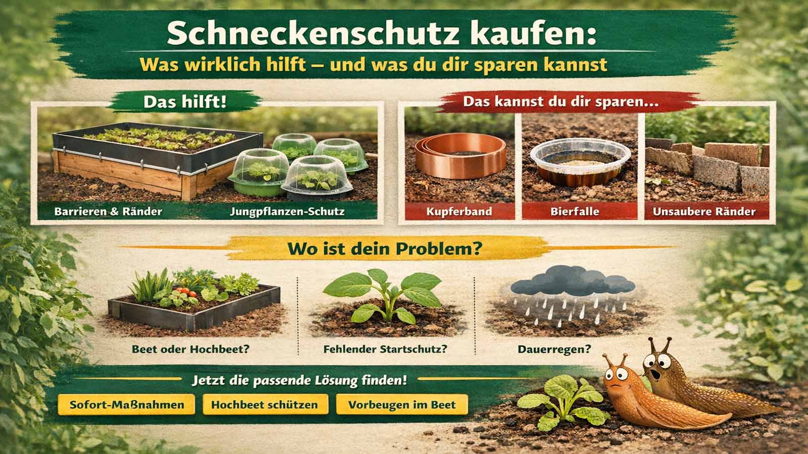 Infografik „Schneckenschutz kaufen“: links wirksame Maßnahmen (Barrieren/Ränder am Hochbeet, Jungpflanzen-Schutz), rechts Dinge zum Sparen (Kupferband, Bierfalle, unsaubere Ränder); darunter Auswahl „Beet oder Hochbeet“, „Fehlender Startschutz“, „Dauerregen“ mit Buttons zu Sofortmaßnahmen, Hochbeet schützen und Vorbeugen im Beet.