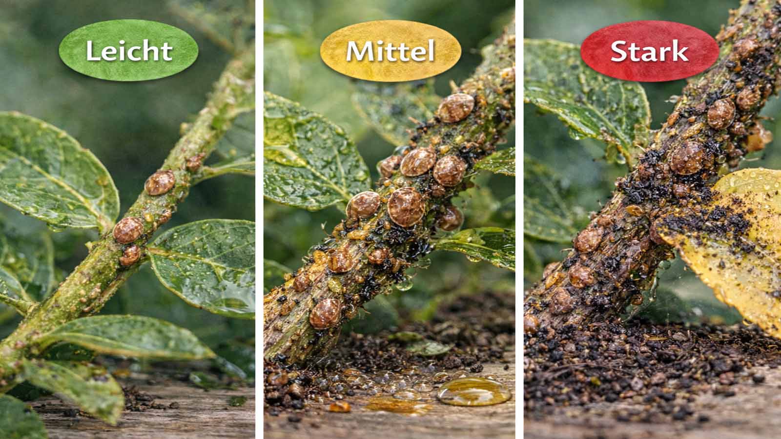 Dreigeteiltes Querformat-Bild zur Befallsstärke: links leichter Schildlausbefall mit wenigen Schildchen, mittig mittlerer Befall mit mehreren Hotspots und Honigtau, rechts starker Befall mit Rußtau, klebrigem Belag und vielen Schildläusen.